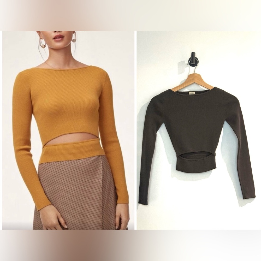 Aritzia Wilfred Yacine Long Sleeve Black Ribbed Knit Sweater Dark Brown